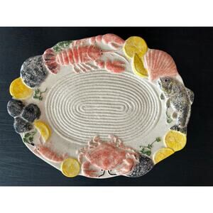 Vintage Ceramic Platter Beige Seafood Beige Lemon Lobster Crab Fish Rope